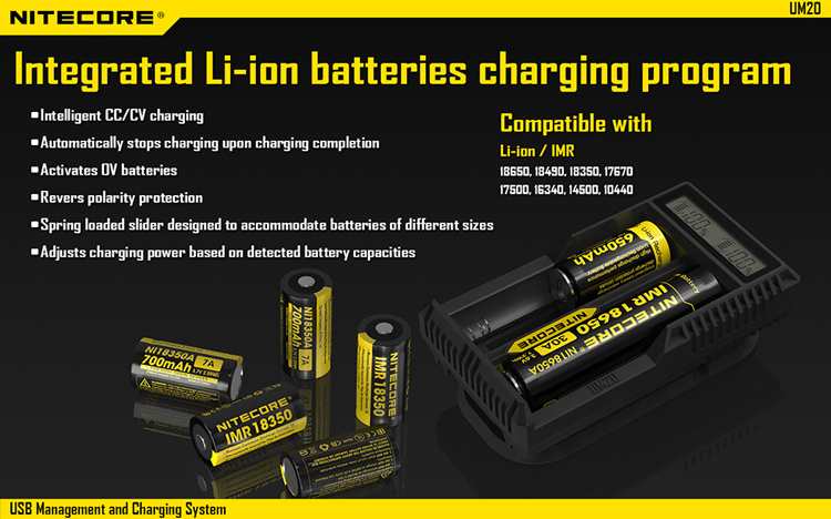 thumbnail image 2 of NITECORE UM20 Smart USB Charger – Digital LCD, For Li-ion / IMR 16340, 14500, 18490, 18650 2 of 6